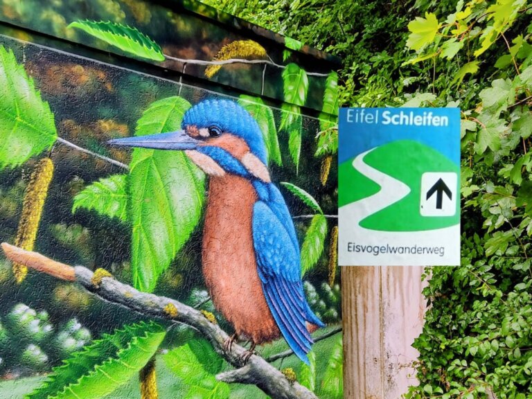 Wegschild der EifelSchleife Eisvogelwanderweg mit Eisvogelmotiv
