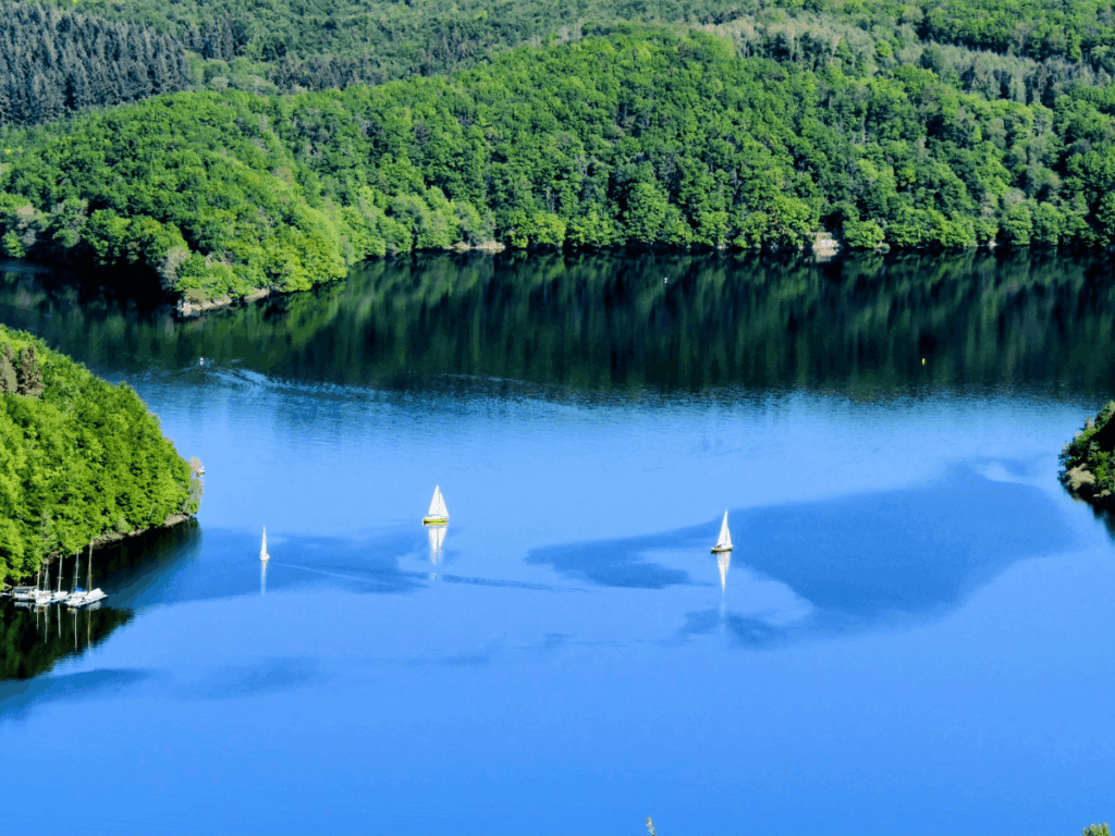 Blick auf den Rursee im Nationalpark Eifel mit kleinen Segelbooten auf dem Wasser