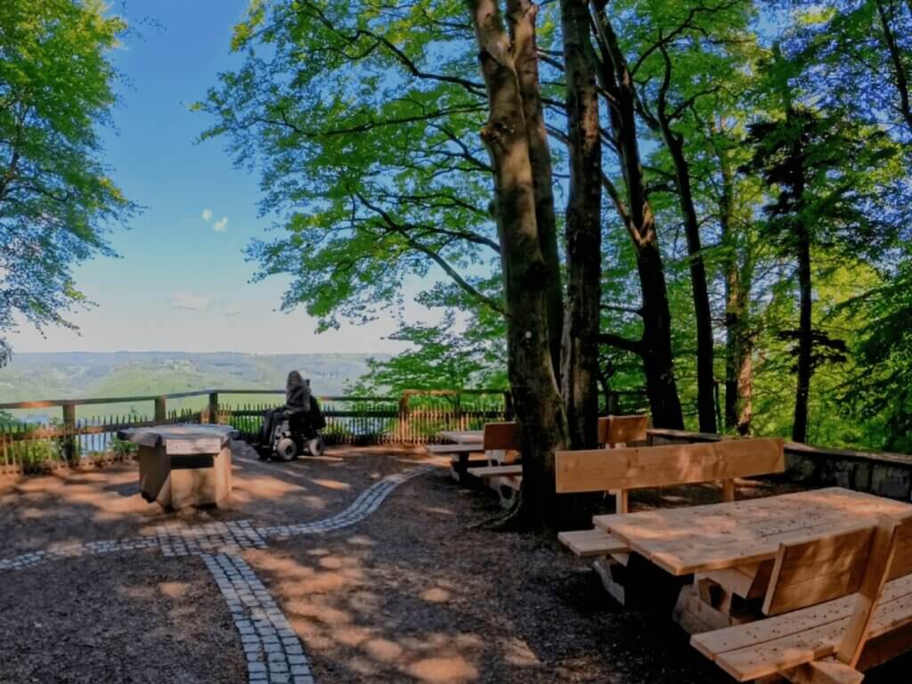 Leitlinien führen zum Aussichtspunkt Hirschley im Nationalpark Eifel barrierefreundlich gestaltet