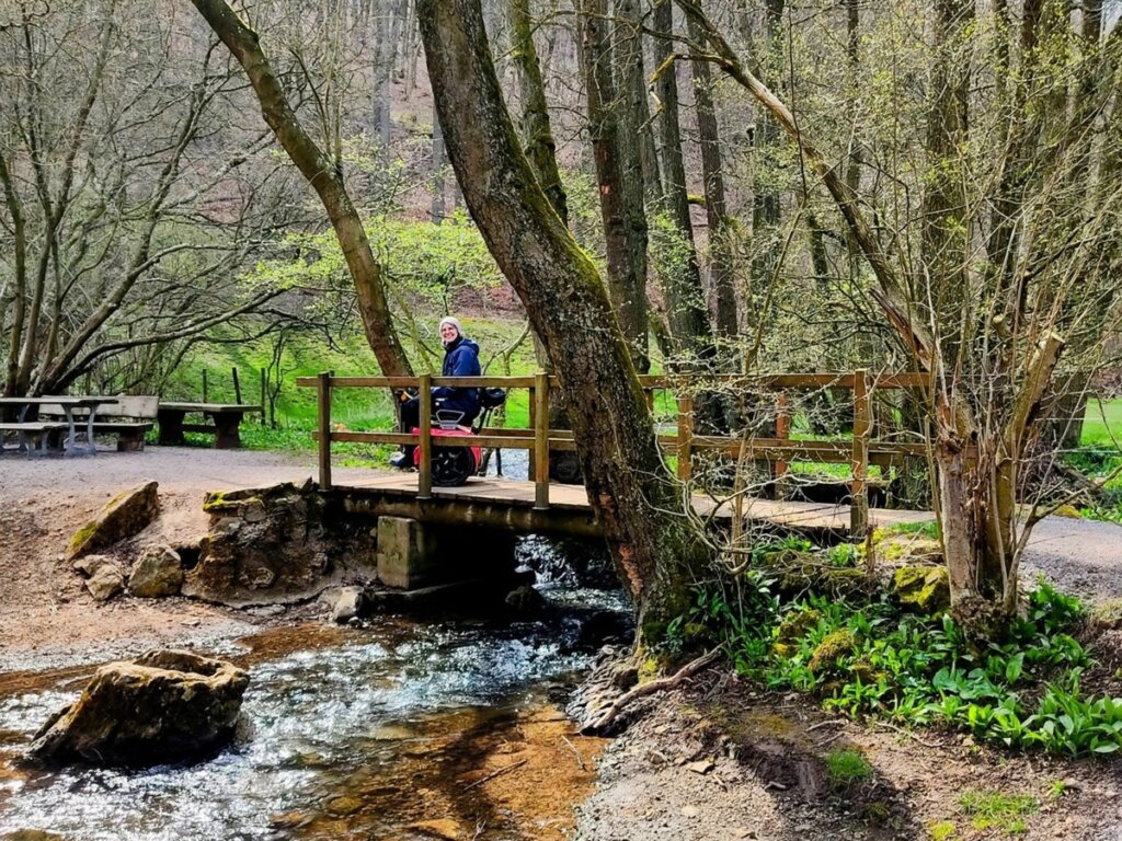 Kleine Holzbrücke mit Rollstuhlfahrer über den Gillesbach auf der EifelSchleife Küchenschellen