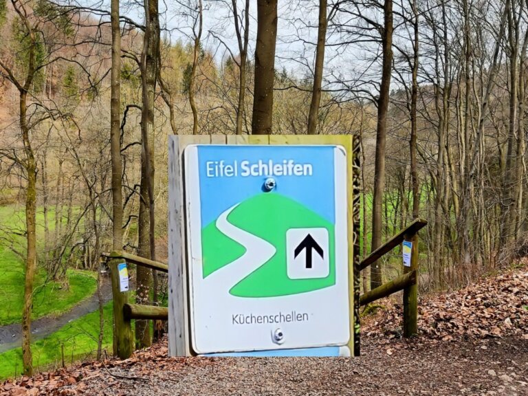 Wegschild der EifelSchleife Küchenschellen am Waldrand